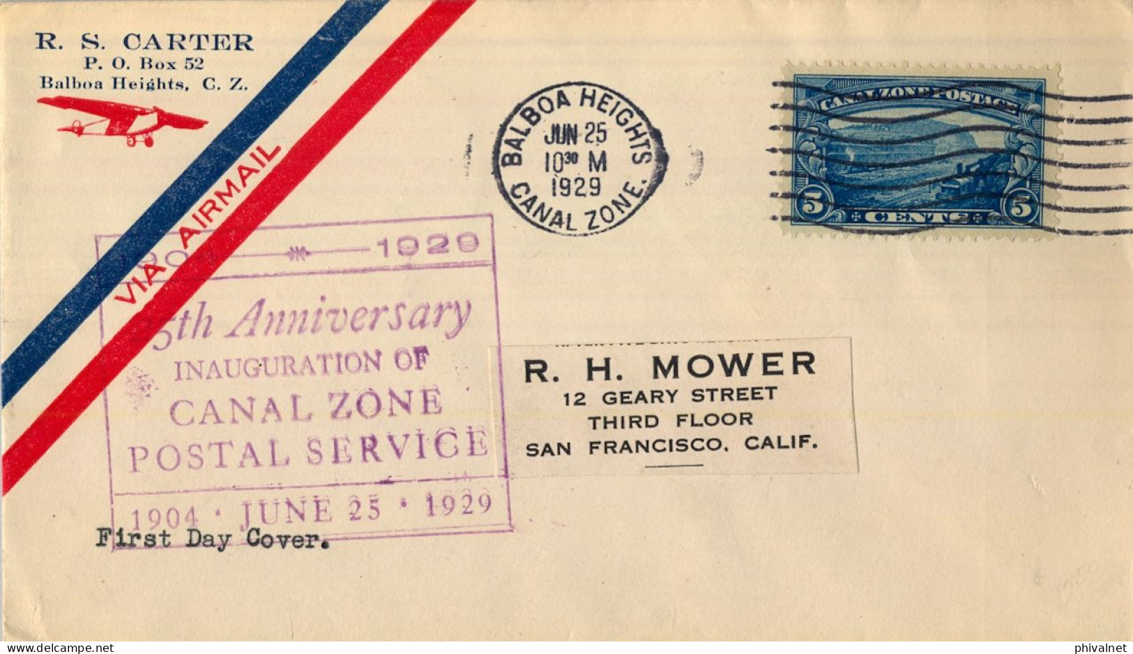 1929 CANAL ZONE , BALBOA HEIGHTS - SAN FRANCISCO , CORREO AÉREO , 25 ANIVERSARIO INAUGURACIÓN DEL SERVICIO POSTAL - Canal Zone