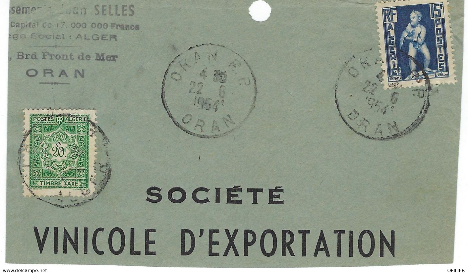 Oran RP 22 Juin 1954 FRAGMENT Timbre 15F Taxe 20! - Timbres-taxe