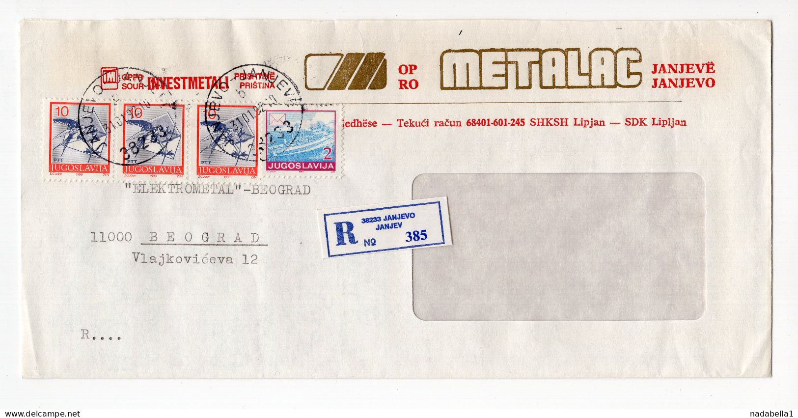 31.01.1992. INFLATIONARY MAIL,YUGOSLAVIA,SERBIA,JANJEVO,RECORDED HEADED COVER,INFLATION - Lettres & Documents
