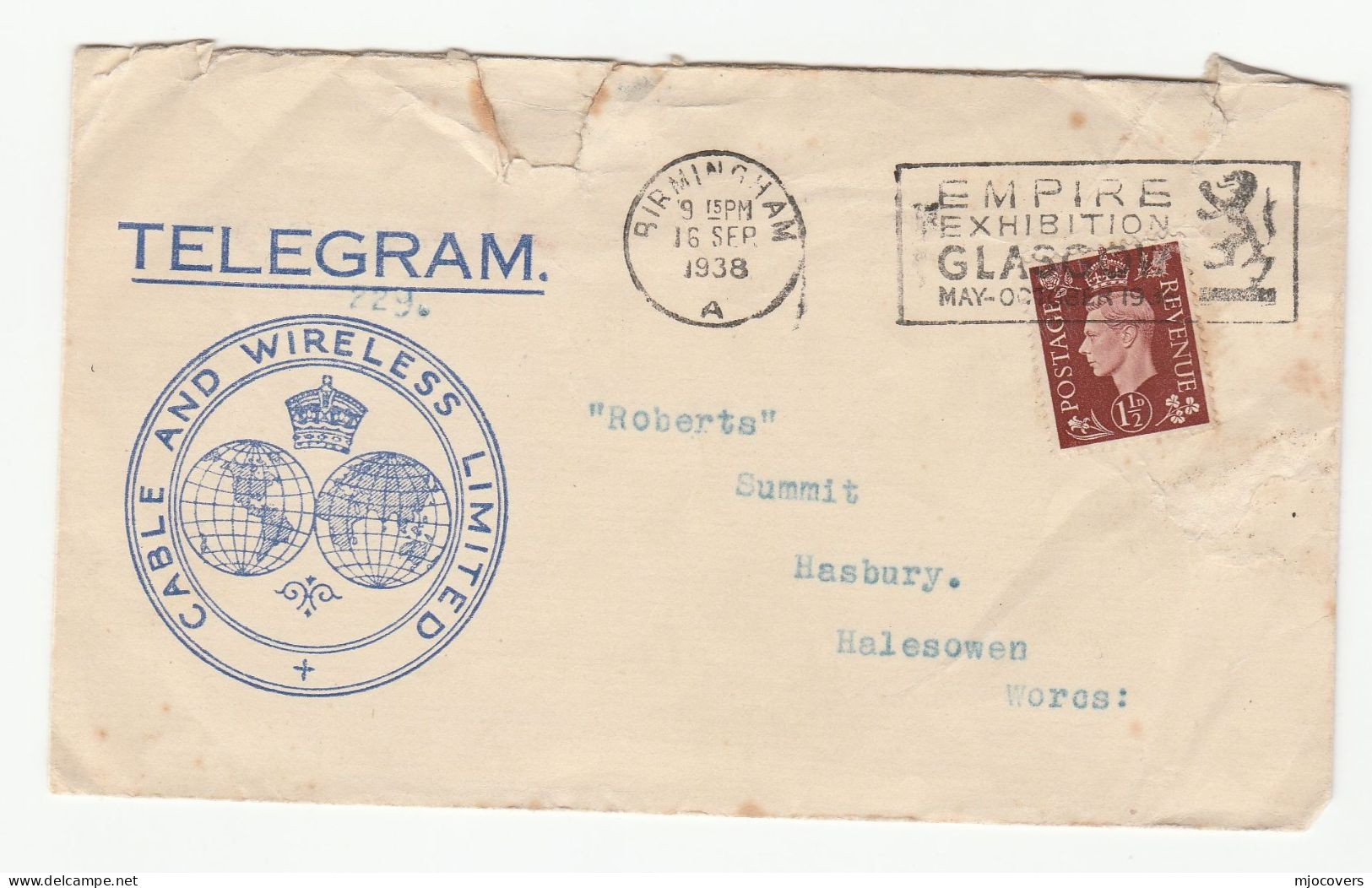 1938 GB Telegramme COVER Birmingham EMPIRE EXHIBITION Glasgow Gvi Stamps Telegraph Telecom Telegram - Briefe U. Dokumente