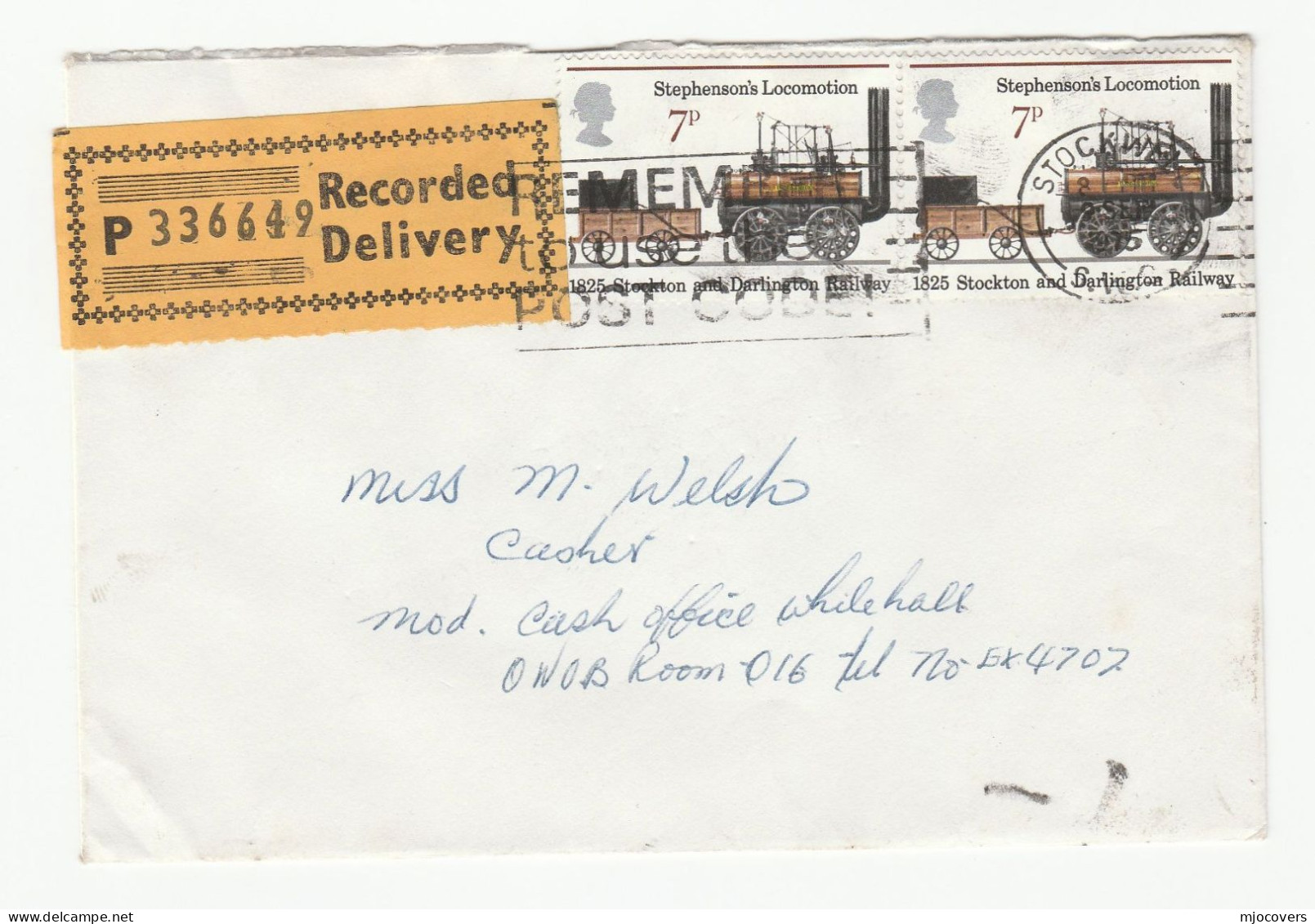 1975  RECORDED DELIVERY LABEL  Stockwell GB Cover Steam Train Stamps Railway - Briefe U. Dokumente