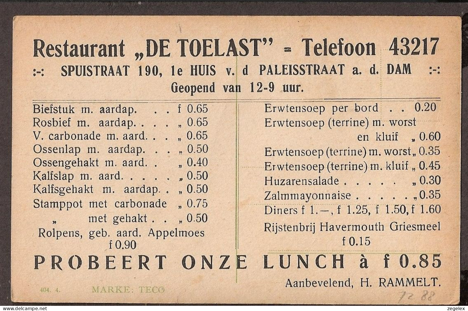 Schilbach - Belle Femme  -Publicité Au Verso Pour Restaurant 'De Toelast" In Amsterdam - Spuistraat - Schilbach