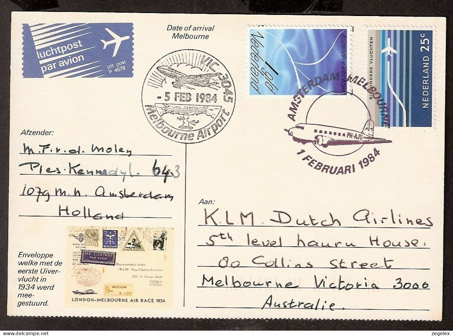 London-Melbourne 1934-1984 Uiver Memorial Flight - Melbourne Airport  - Lettres & Documents