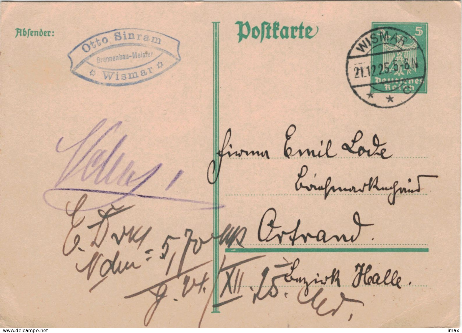 Ganzsache Otto Sunram Wismar 1925 > Ortrand - Bestellung 1/2 Kg Raritäten... - Cartes Postales