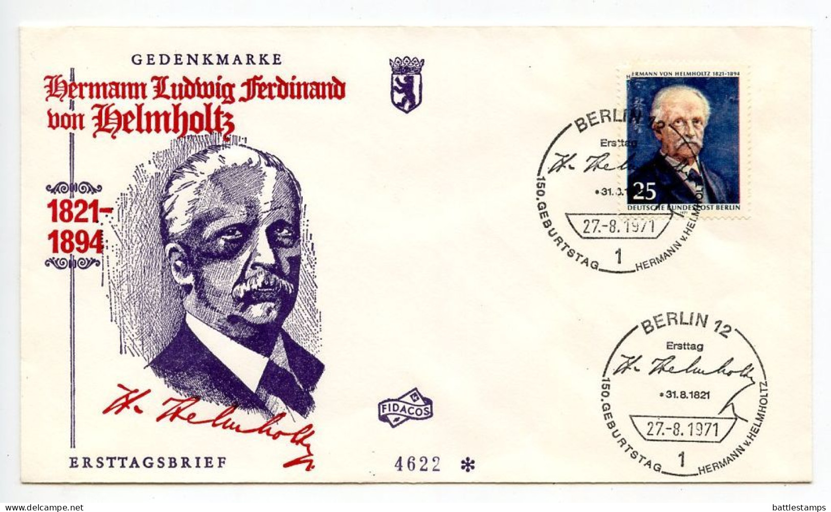 Germany, Berlin 1971 FDC Scott 9N314 Hermann Von Helmholtz, Scientist - 1971-1980