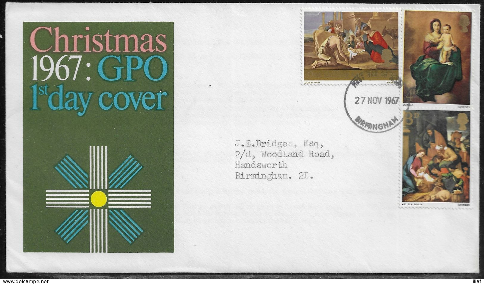 United Kingdom Of Great Britain.  FDC Sc. 522-524.  Christmas 1967 - Paintings.  FDC Cancellation On FDC Envelope - 1952-1971 Pre-Decimal Issues