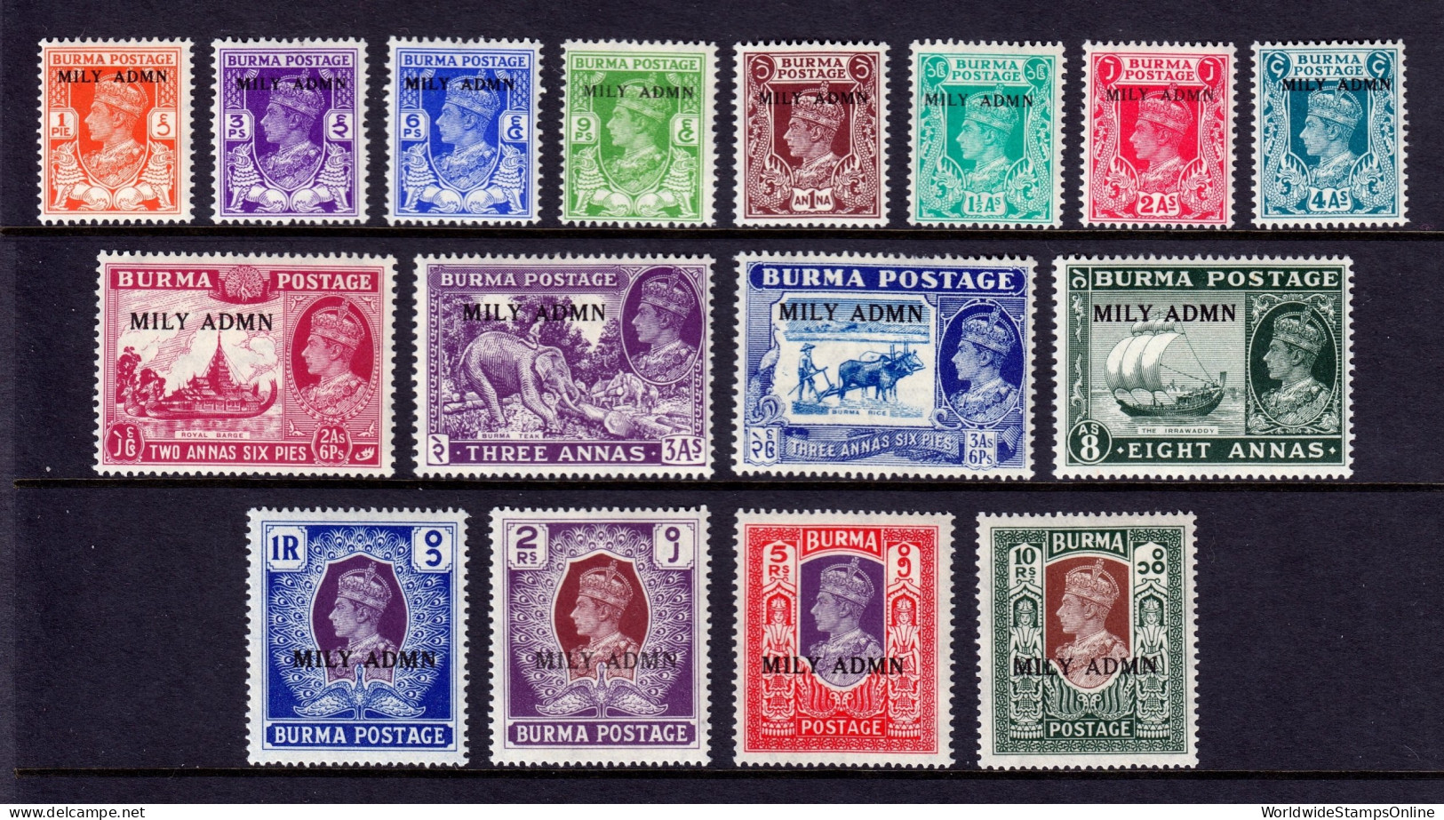 Burma - Scott #35-50 - MH - Lt. Crease #45, 49, 50 - SCV $7.85 - Birmanie (...-1947)