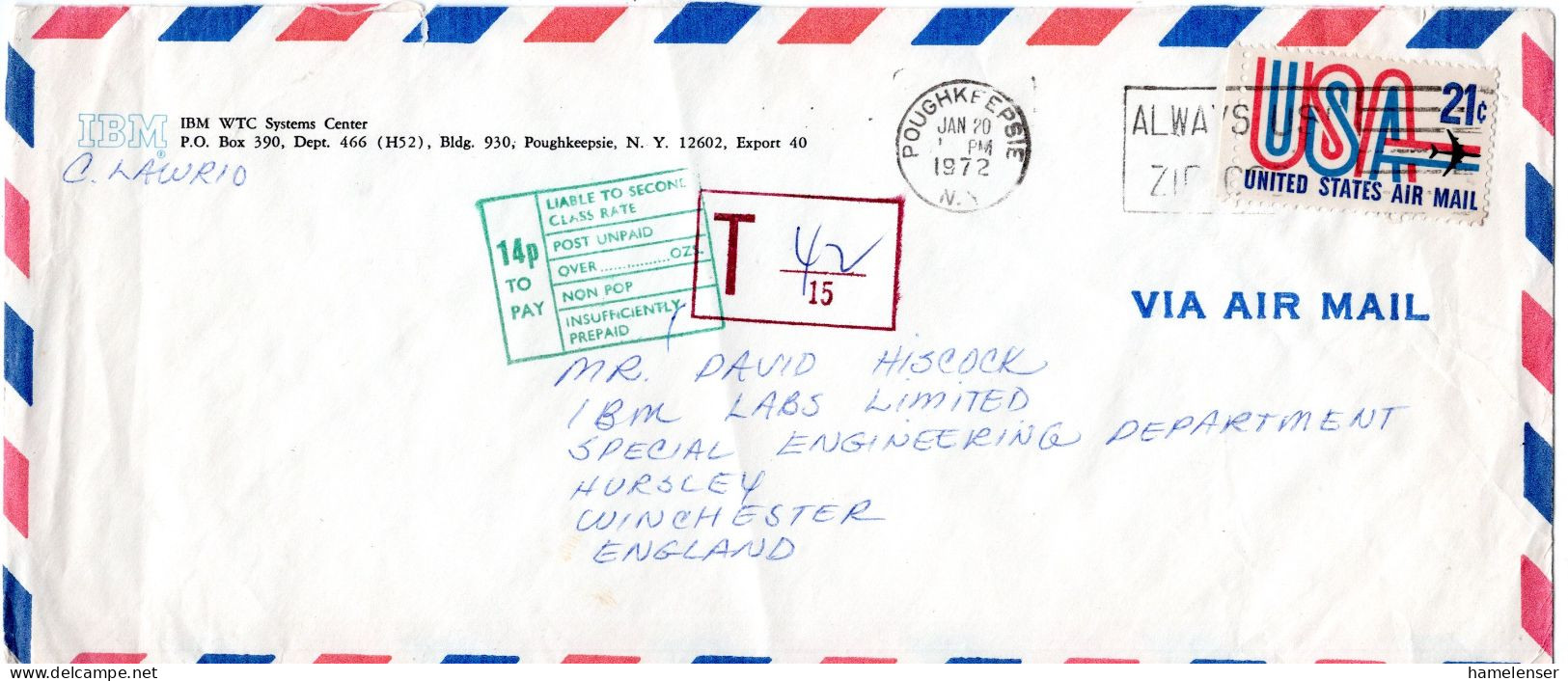 L76703 - USA - 1972 - 21¢ Luftpost EF A LpBf POUGHKEEPSIE N.Y. -> Grossbritannien, M US- & Brit Nachportostpln - Lettres & Documents