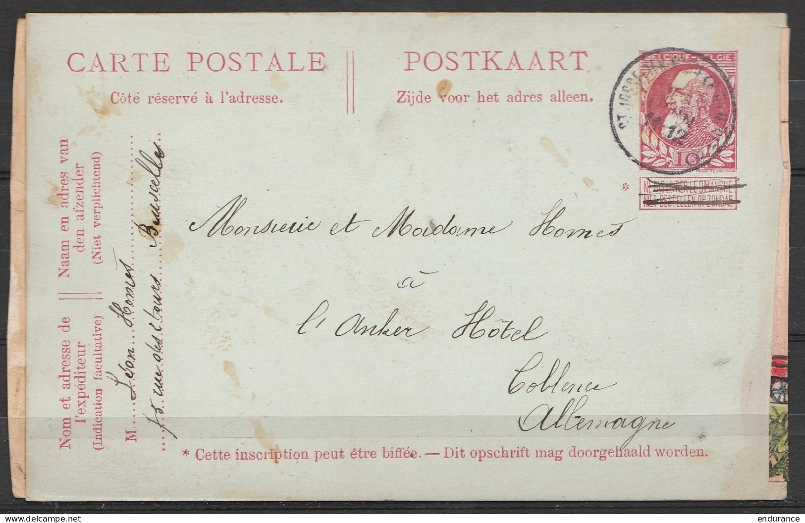 CP EP 10c (N°74) Càd ST-JOSSE-TEN-NOODE /25 JUIN 190? Pour COBLENCE (Allemagne) - Au Dos: Dessin Colorié "Chemin De Fer  - Postcards 1909-1934