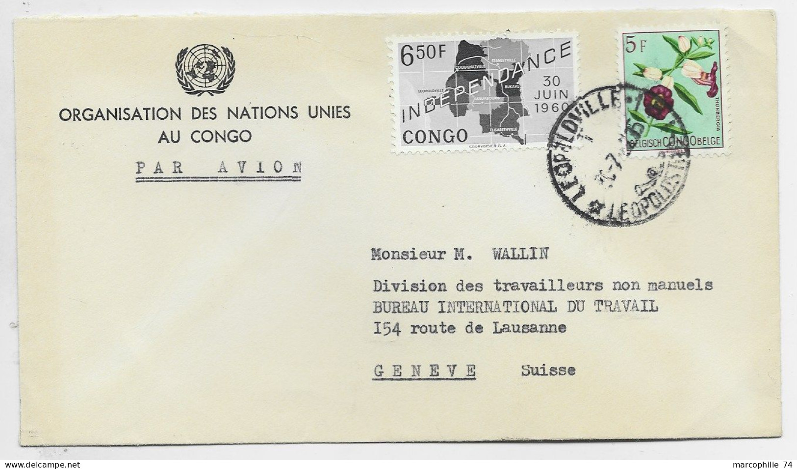 CONGO BELGE 5FR+ 6.50 INDEPENDANCE LETTRE COVER NATIONS UNIES LEOPVILLE 1960 TO BIT GENEVE SUISSE - Briefe U. Dokumente