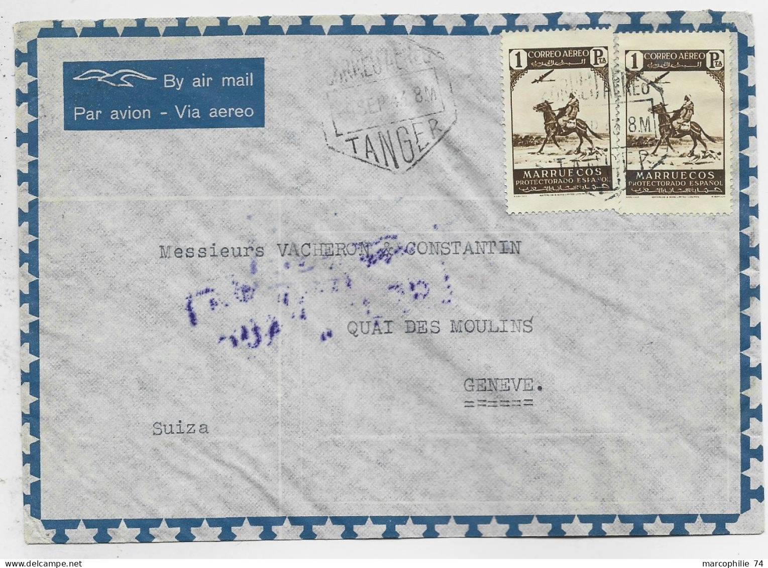 MAROC ESPAGNOL MARRUECOS 1PTSX2   LETTRE COVER AVION TANGER 1943 POUR GENEVE CENSURA - Spanisch-Marokko