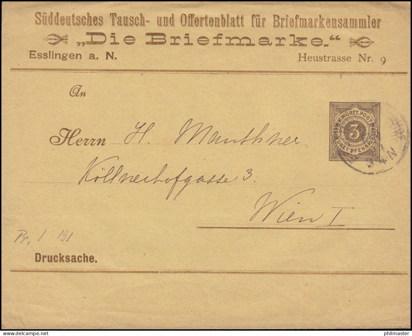 Württemberg PS 2 Streifband Die Briefmarke ESSLINGEN-BAHNHOF 27.11.1894 - Ganzsachen