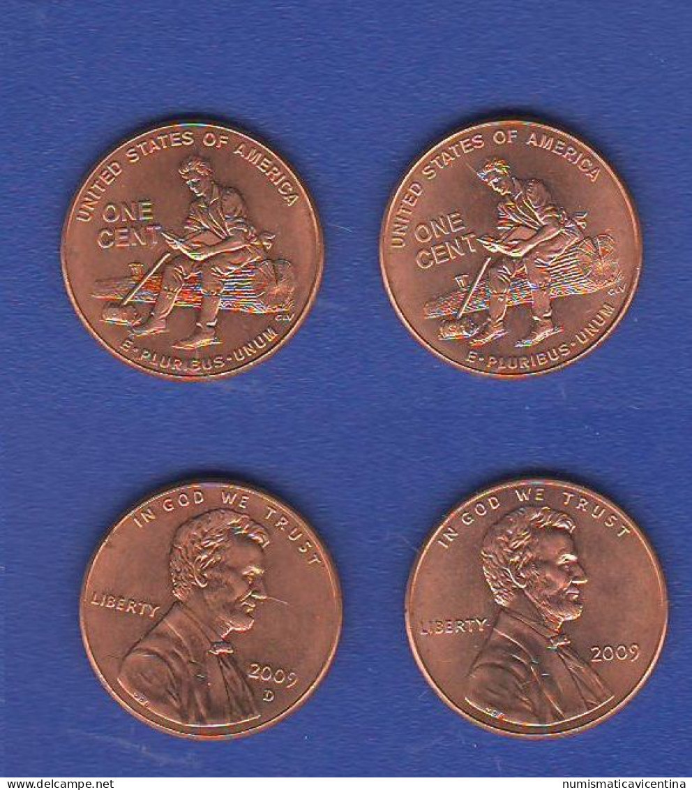 United States 2 X ONE Lincoln CENT 2009 Mint D + No Mint 1 Cent Lincoln Formative Years Indiana Penny America USA - 1959-…: Lincoln, Memorial Reverse