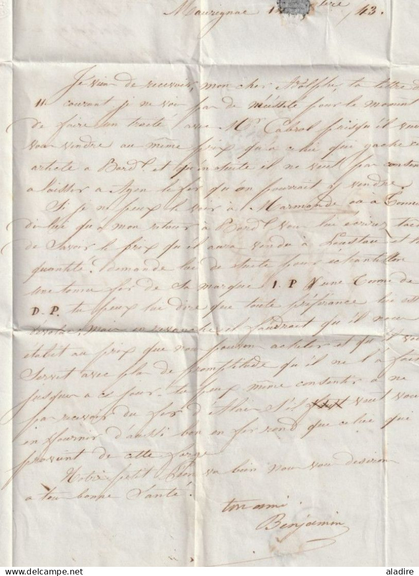 1843 - Cursive 45 LE MAS D'AGENAIS, Lot Et Garonne Sur Lettre De MAURIGNAC Postée à TONNEINS Vers Bordeaux - 1801-1848: Precursores XIX