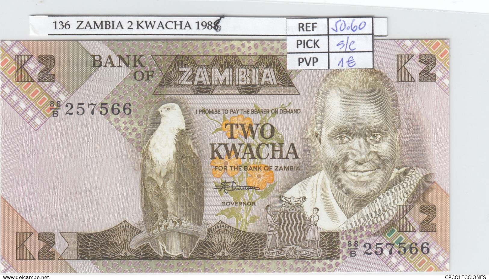 BILLETE ZAMBIA 2 KWACHA 1986 P-24c.2 SIN CIRCULAR - Autres - Afrique