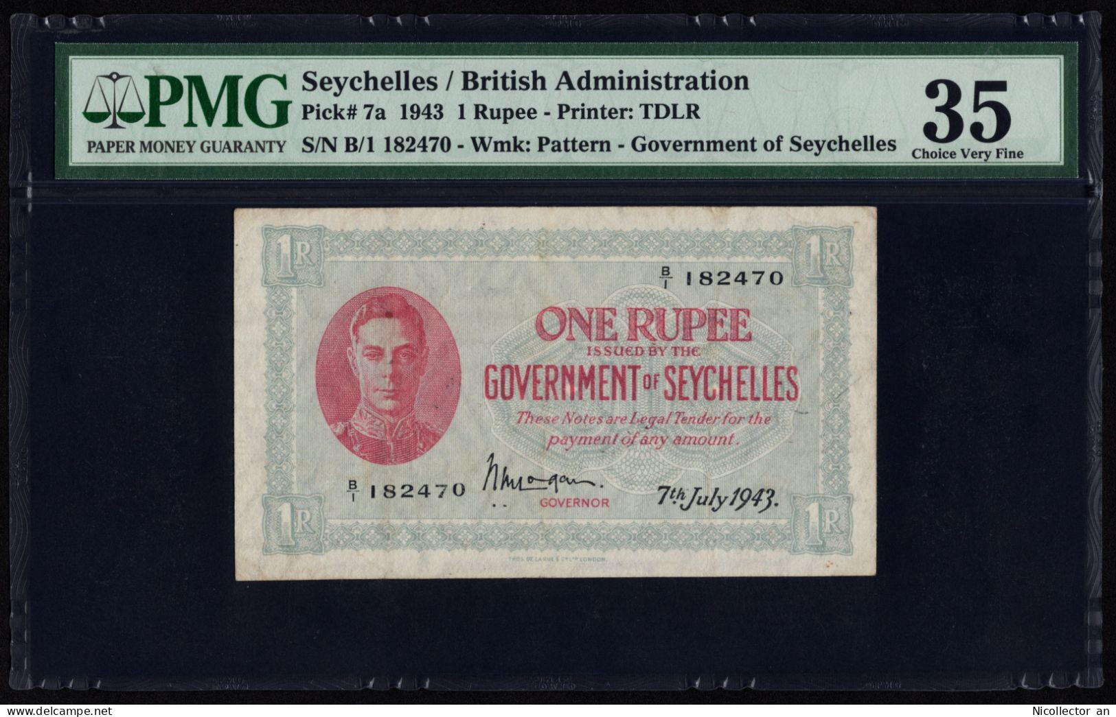 SEYCHELLES 1 Rupee, 1943. P-7a. PMG Choice Very Fine 35. - Seychelles