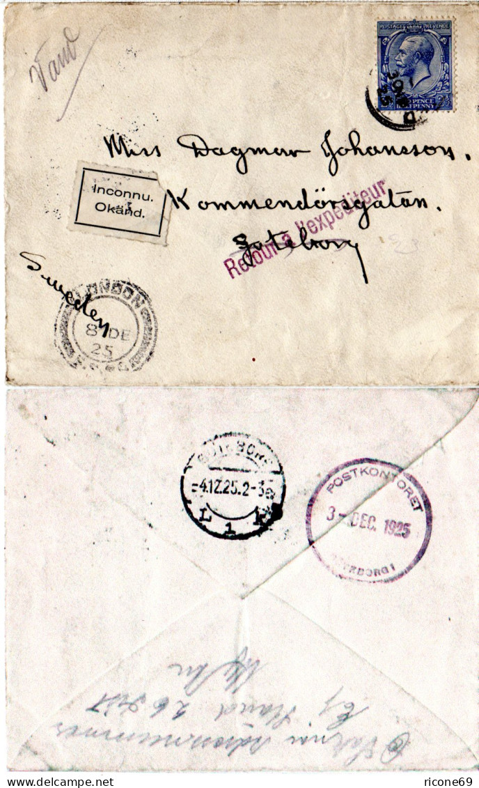 GB 1925, London-Schweden Retour Brief M. Inconnu Etikett U. Retour Stempel - Brieven En Documenten