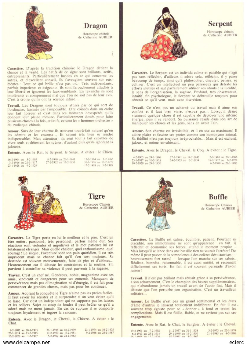 ASTROLOGIE CHINOISE - 12 CARTES 10x15cm - TEXTES ET DESSINS DE CATHERINE AUBIER - TB - Astrologie