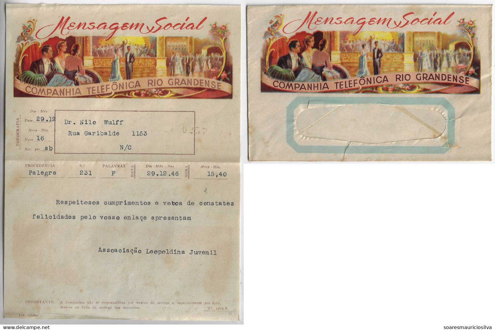 Brazil 1940s telegram Phonogram + Cover By Companhia Telefônica Rio Grandense Usage In Porto Alegre Theater Music Opera - Covers & Documents