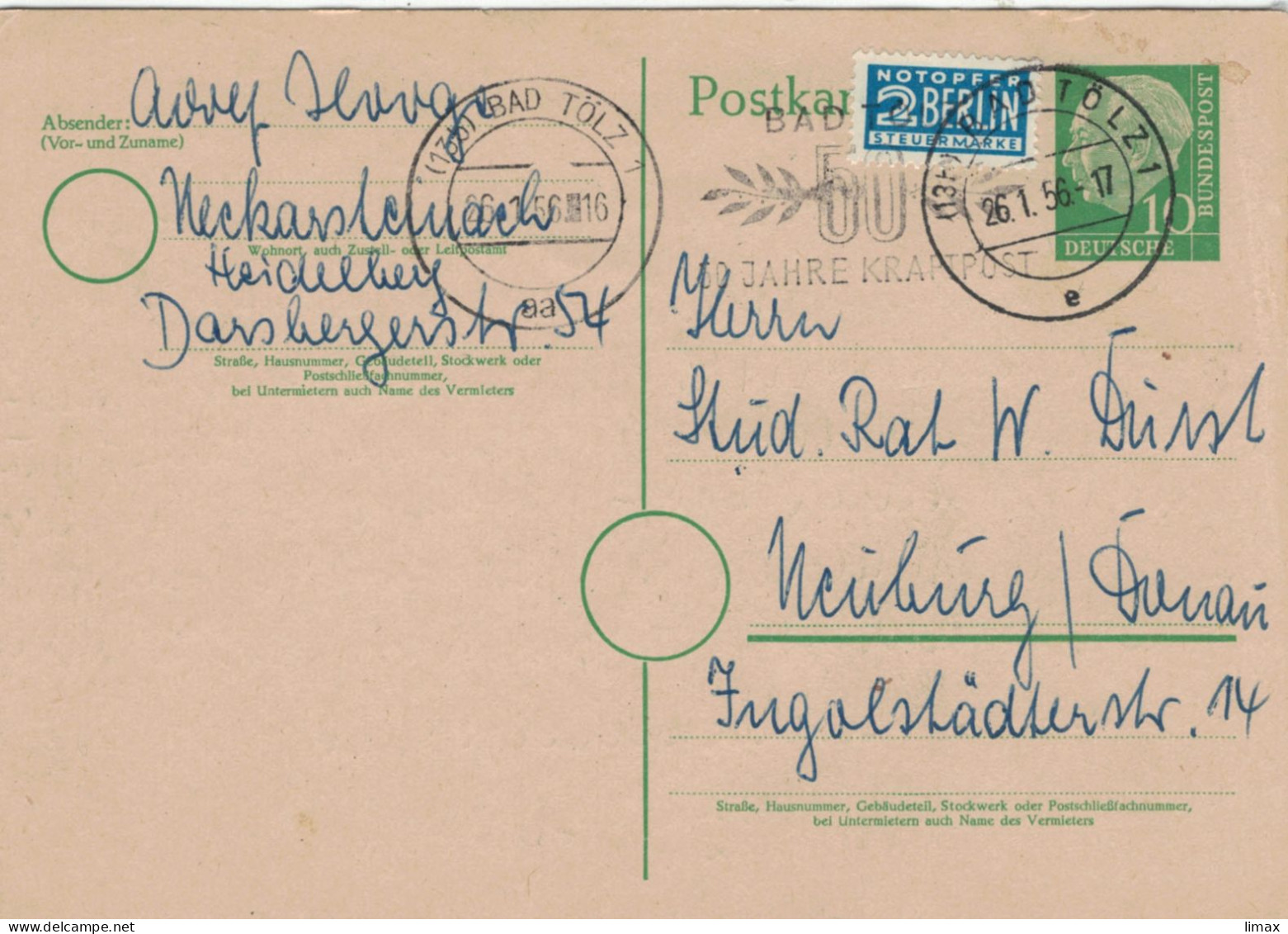 13b Bad Tölz 1956 > Neuburg Donau - Notopfer Berlin - Pudel 36cm Schwarz 300 DM Alle Verkauft - Kraftpost - Postcards - Used