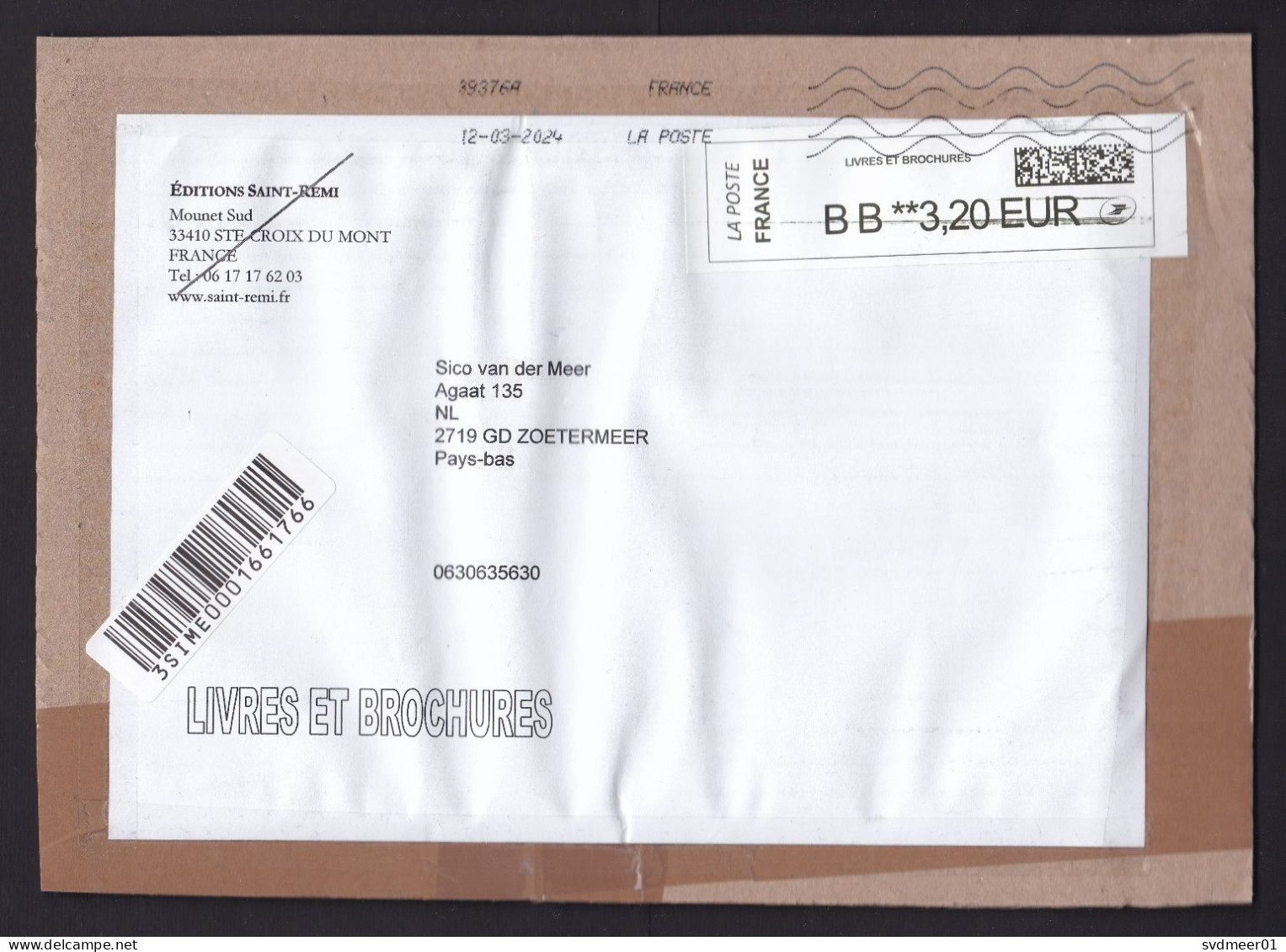 France: Parcel Fragment (cut-out) To Netherlands, 2024, ATM Machine Label, BB Rate 3.20 EUR, QR Code (traces Of Use) - Covers & Documents