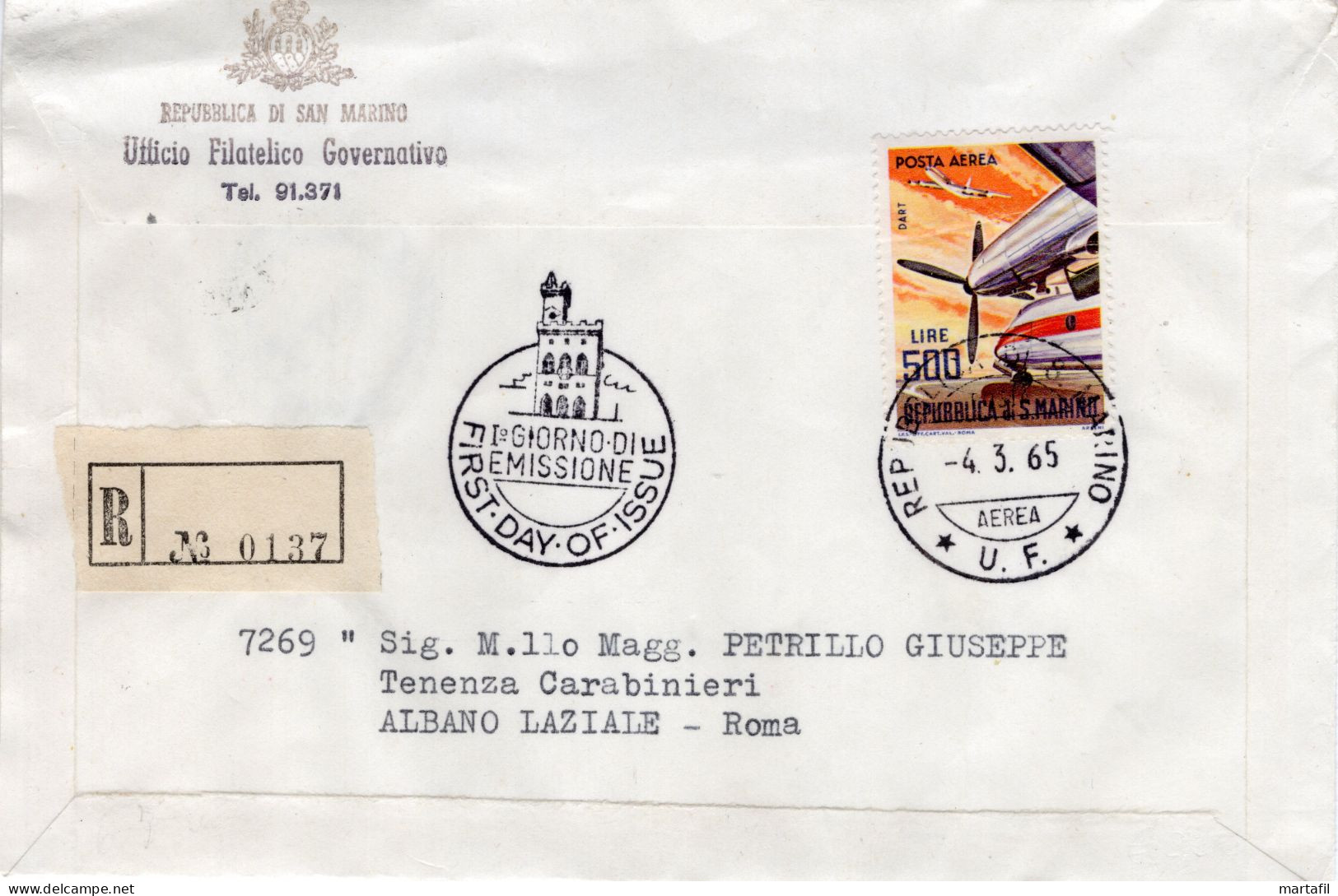 1965 SAN MARINO FDC Posta Aerea Aerei Moderni 500 Lire L. Dart - FDC