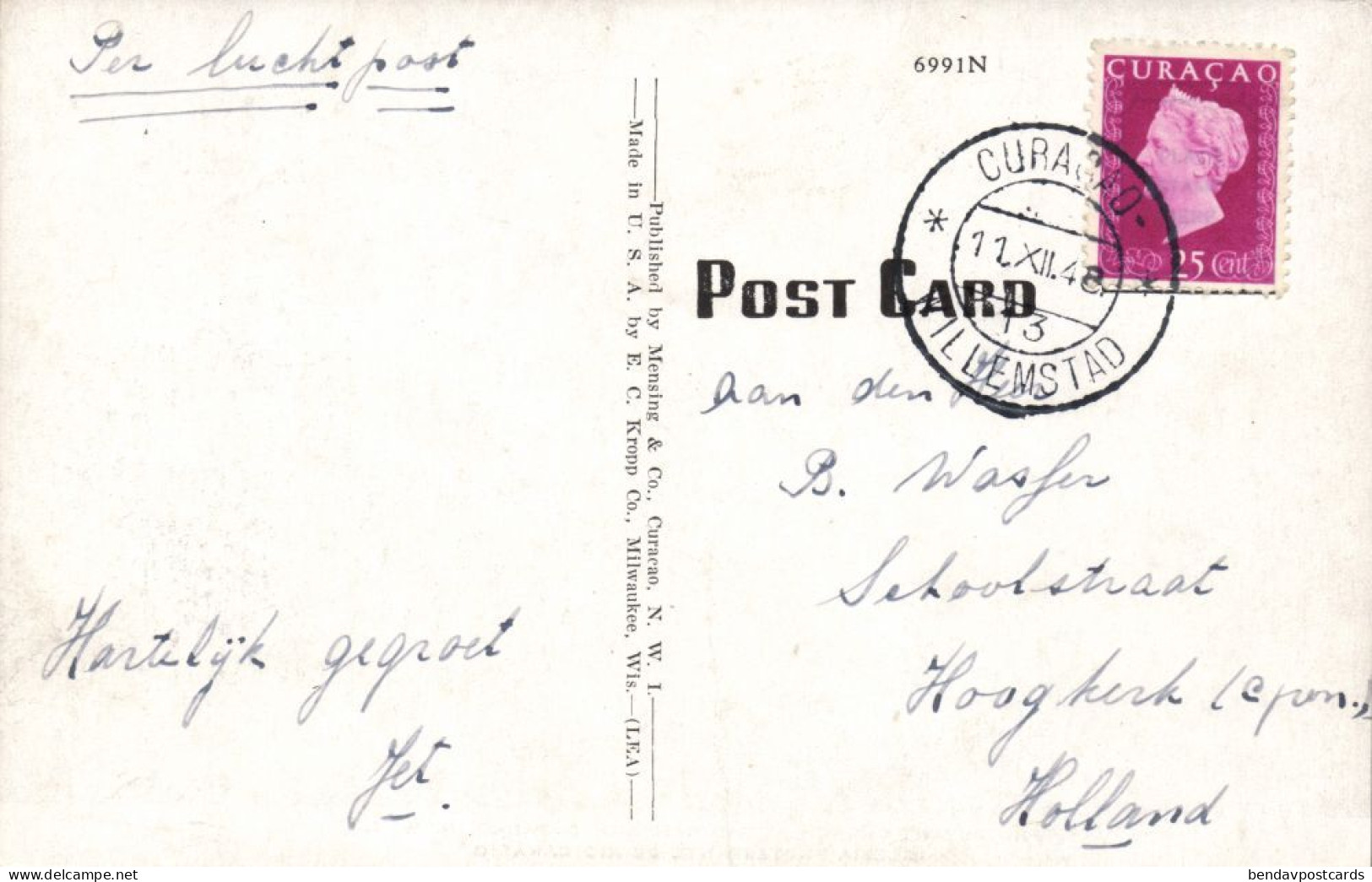 Curacao, N.W.I., WILLEMSTAD, Protestant Church Rio Canario (1948) Kropp 6991N Postcard - Curaçao