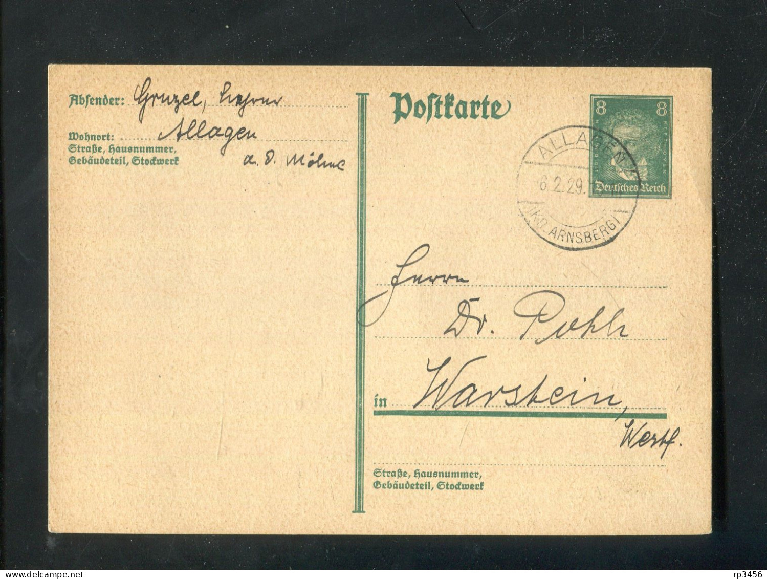 "DEUTSCHES REICH" 1929, Postkarte Mit Stegstempel "ALLAGEN (KR. ARNSBERG)" (R0133) - Postkarten