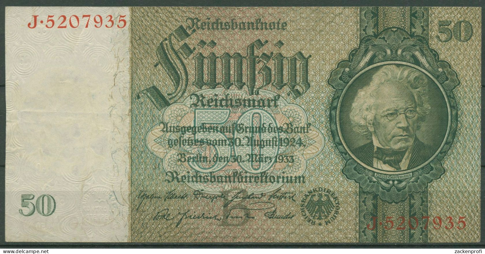 Dt. Reich 50 Reichsmark 1933 Serie B/J, Ro 175 A Gebraucht (K1011) - 50 Reichsmark