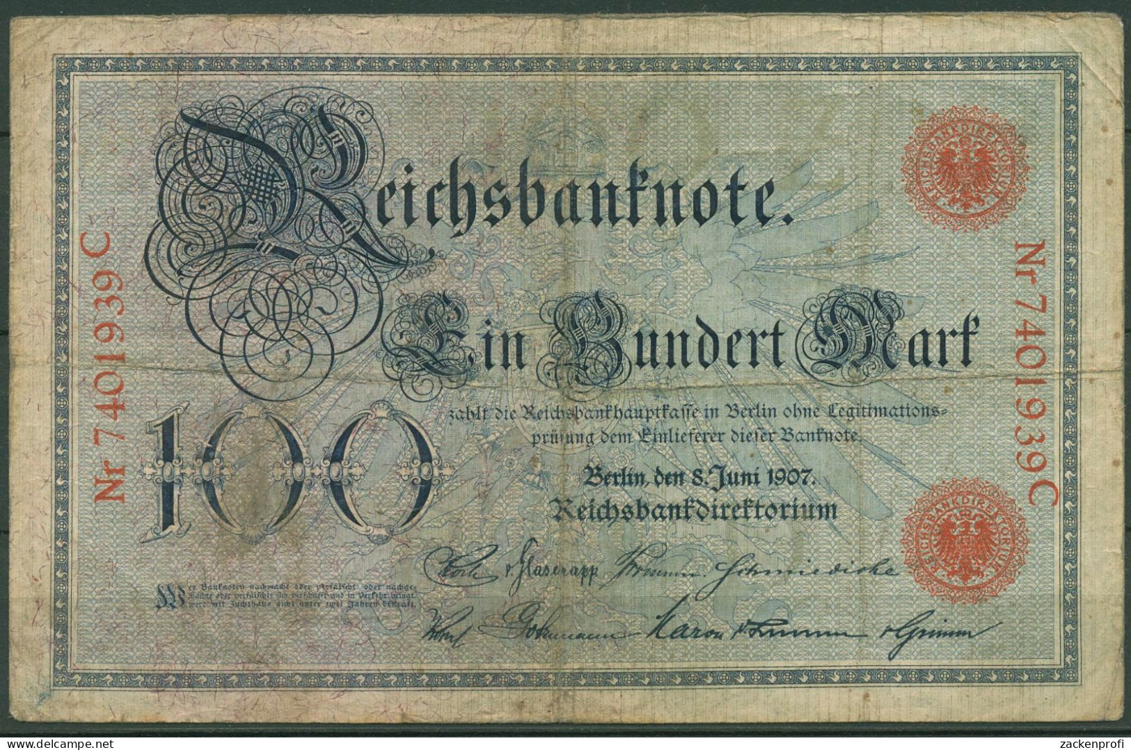 Dt. Reich 100 Mark 1907, DEU-28, Stark Gebraucht, Mängel (K1548) - 100 Mark