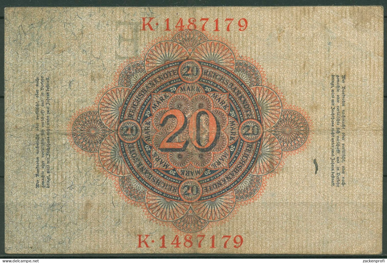 Dt. Reich 20 Mark 1910, DEU-37c Serie E/K, Gebraucht (K1556) - 20 Mark