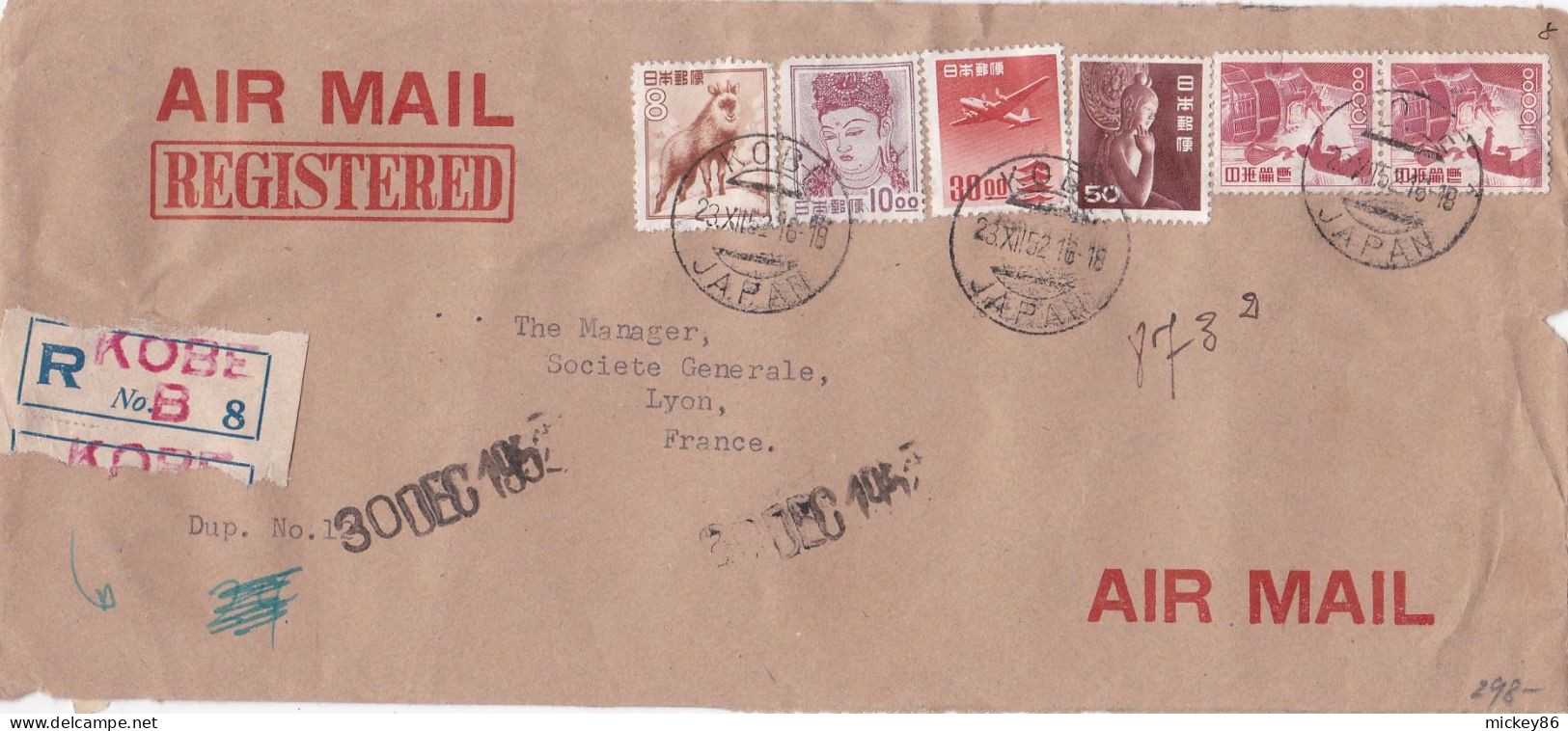 Japon-1952-Devant De Lettre Recommandée  De KOBE  Pour LYON-69 (France)- Timbres Sur Lettre.....Beaux Cachets - Covers & Documents