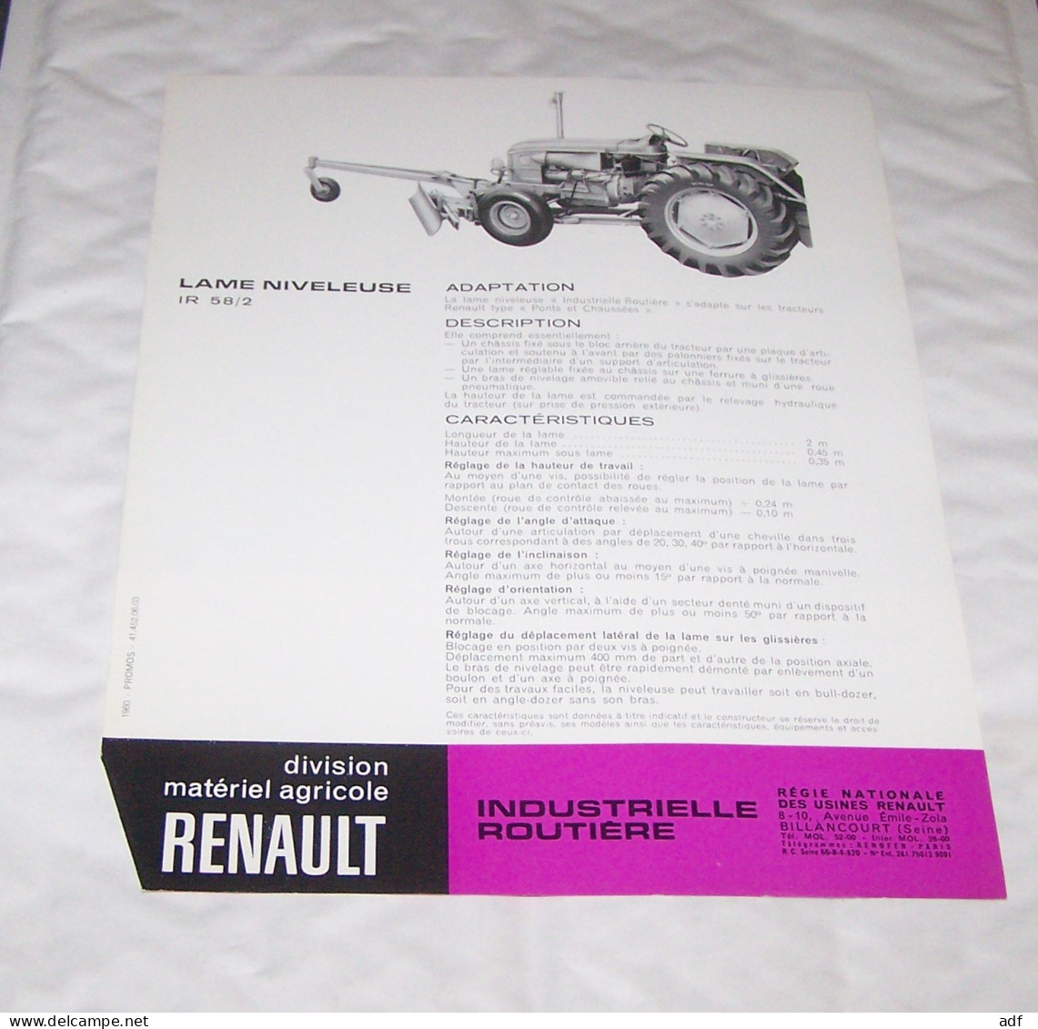 FEUILLET PUB PUBLICITAIRE MATERIEL AGRICOLE RENAULT LAME NIVELEUSE  ( TRACTEUR, TRACTEURS, MOTOCULTURE ) - Tractors