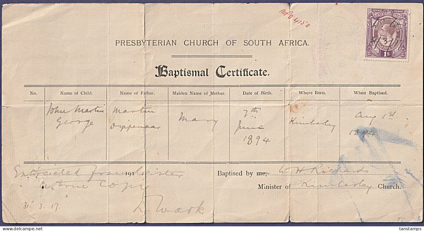 SOUTH AFRICA KGV REVENUE BAPTISMAL CERTIFICATE - Lettres & Documents