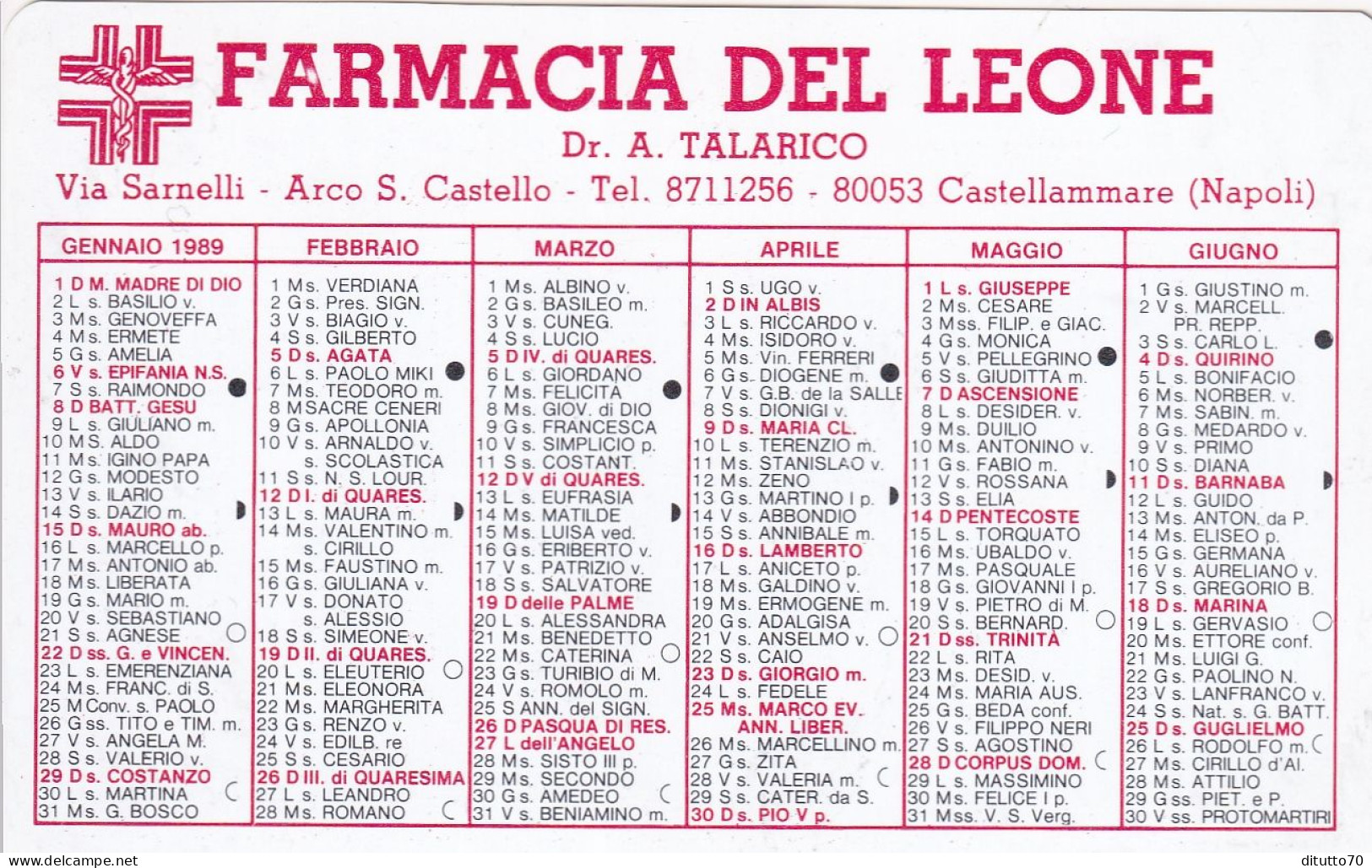 Calendarietto - Farmacia Del Leone - Castellammare - Napoli - Anno 1989 - Kleinformat : 1981-90