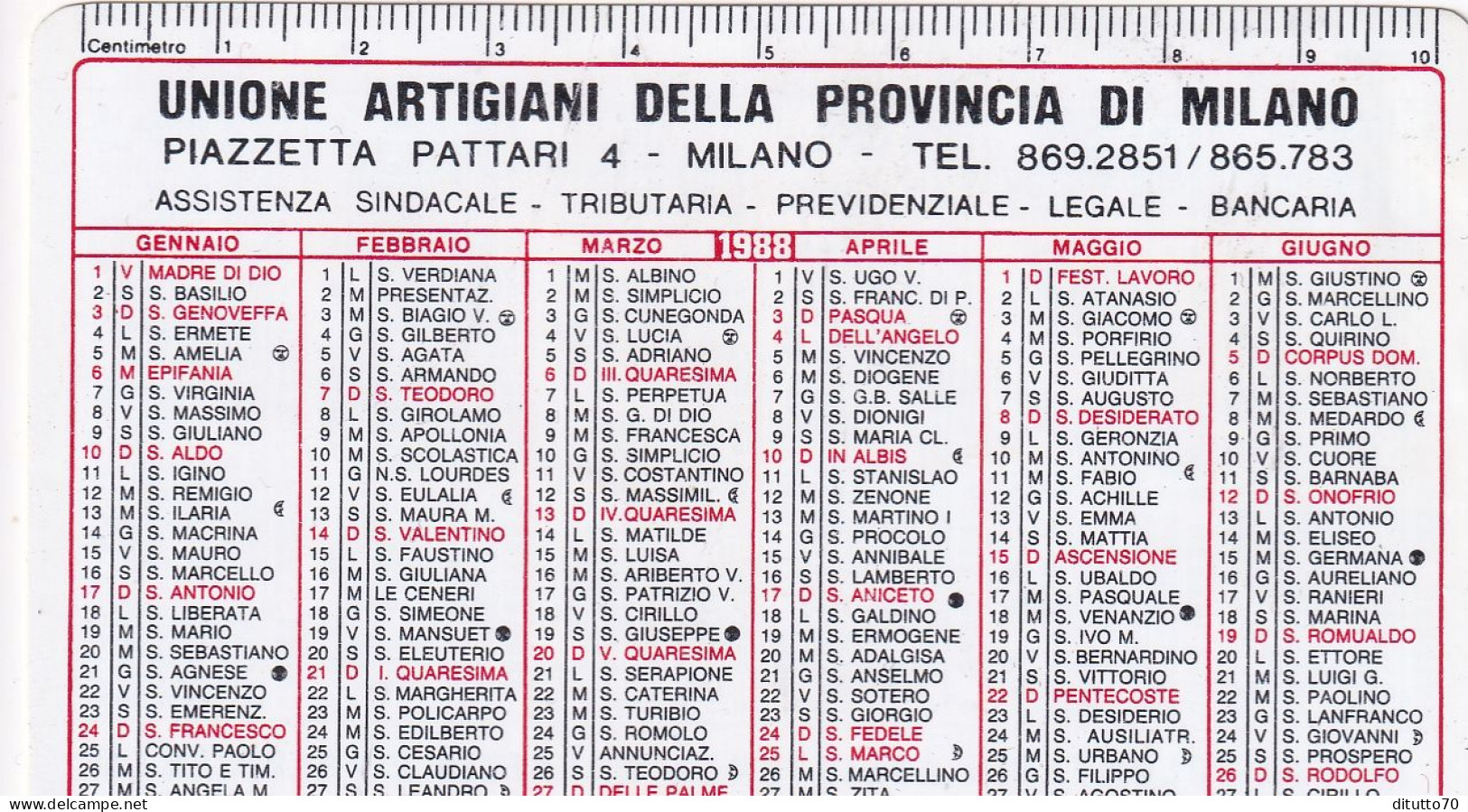 Calendarietto - Unione Artigiani Della Provincia Di Milano - Anno 1988 - Small : 1981-90