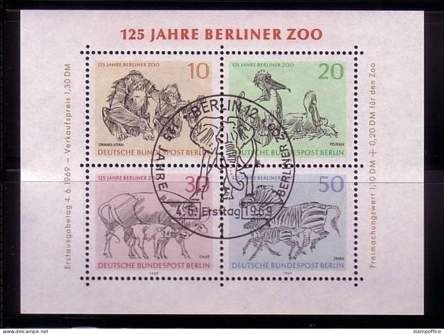 BERLIN BLOCK 2 GESTEMPELT(USED) BERLINER ZOO ORANG-UTAN PELIKAN GAUR ZEBRA ELEFANT 1969 - Blocs