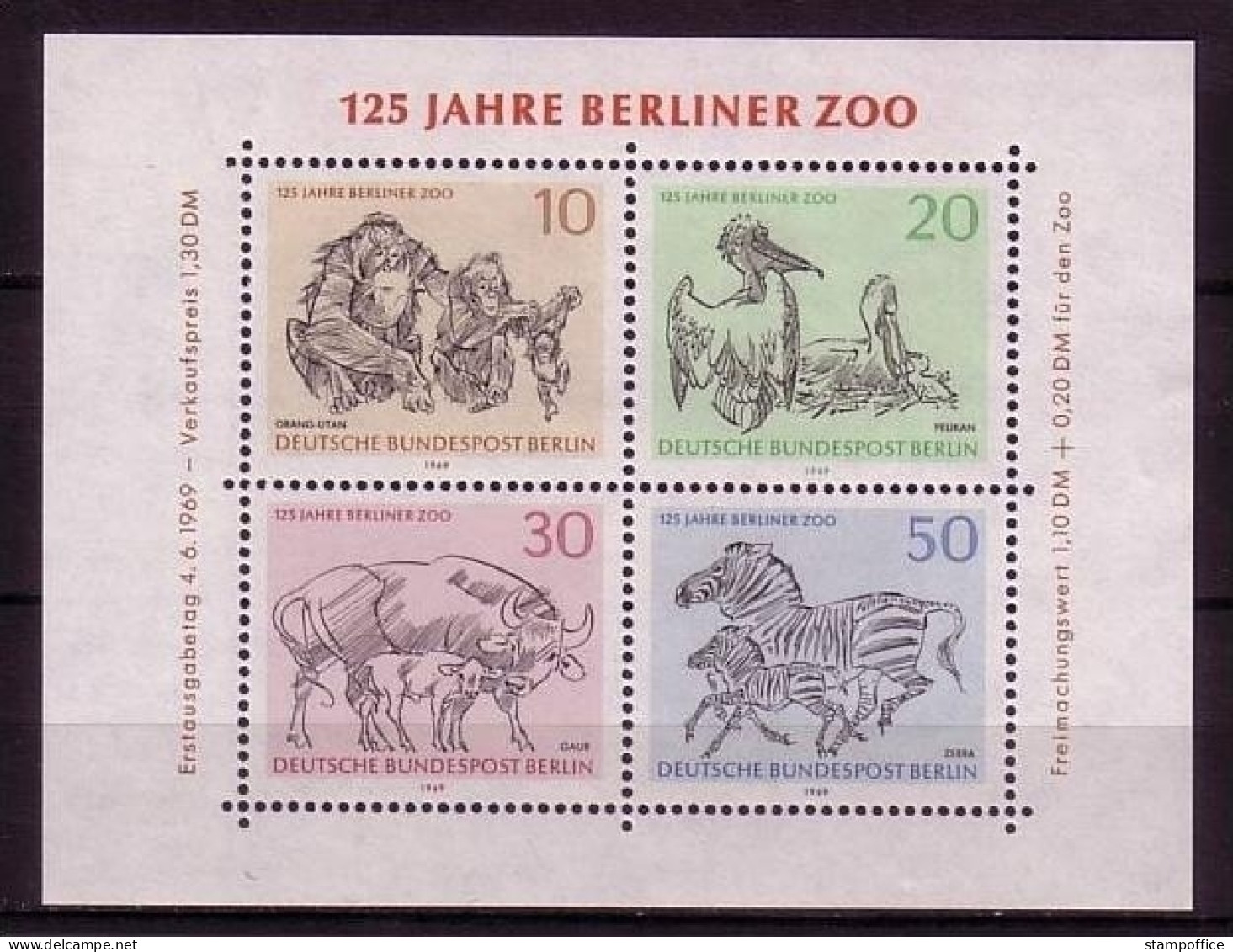 BERLIN BLOCK 2 POSTFRISCH(MINT) BERLINER ZOO 1969 ORANG-UTAN - PELIKAN - GAUR RIND - ZEBRA - Pélicans