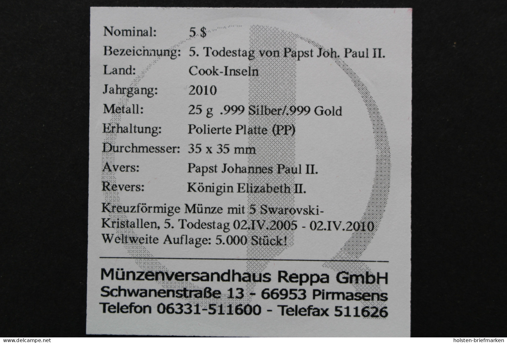 Cook Inseln, 5 Dollar 5. Todestag Johannes Paul, 2010, Polierte Platte / Proof - Other - Oceania