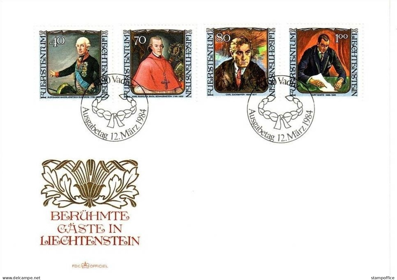 LIECHTENSTEIN MI-NR. 839-842 FDC GEMÄLDE 1984 BERÜHMTE GÄSTE ZUCKMEYER - FDC