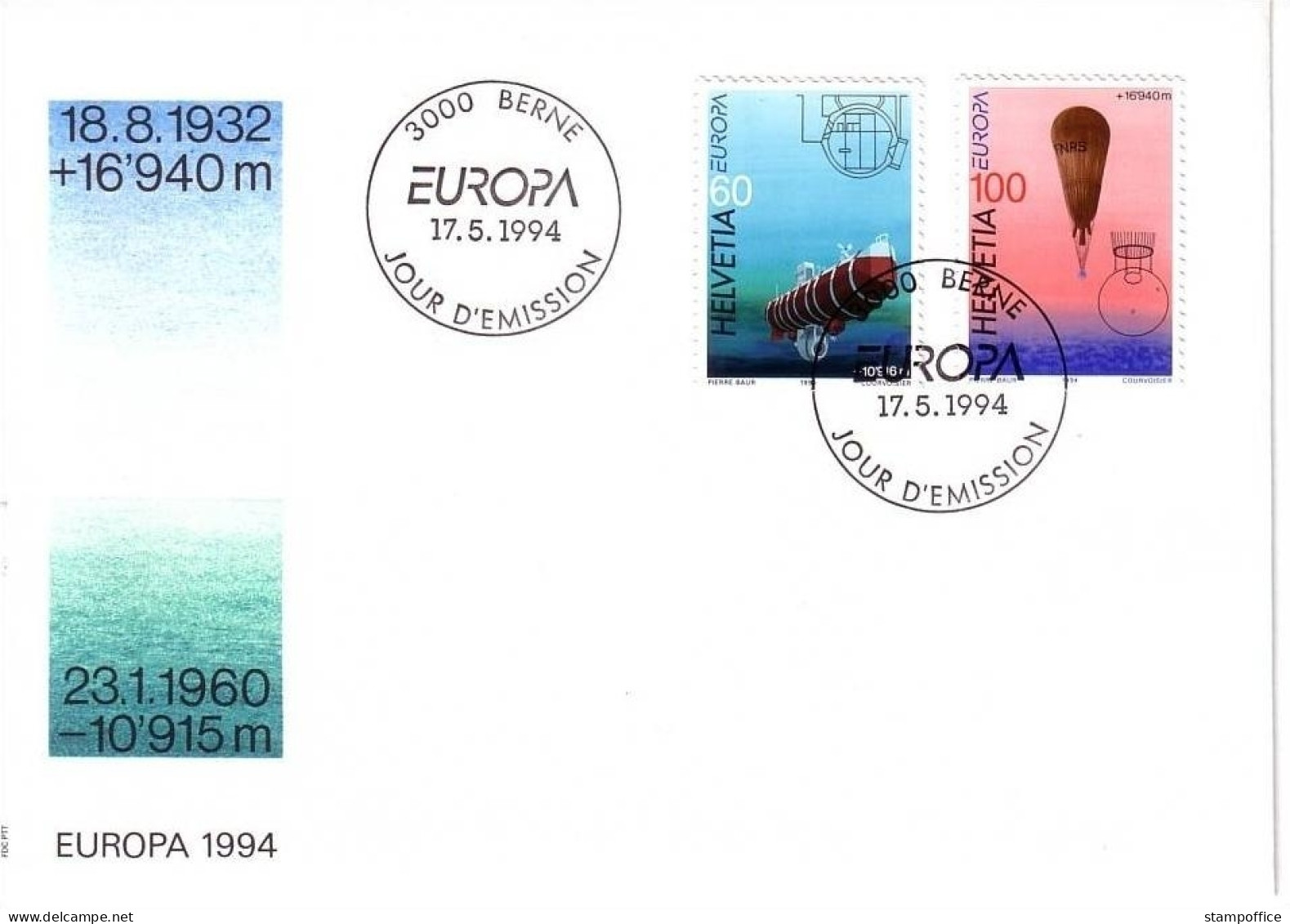 SCHWEIZ MI-NR. 1525-1526 FDC EUROPA 1994 BALLON ENTDECKUNGEN UND ERFINDUNGEN - 1994