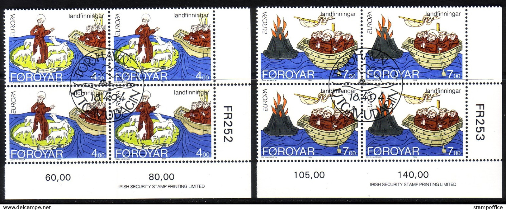 FÄRÖER MI-NR. 260-261 I GESTEMPELT(USED) 4er BLOCK EUROPA 1994 ENTDECKUNGEN Und ERFINDUNGEN SCHIFF - 1994