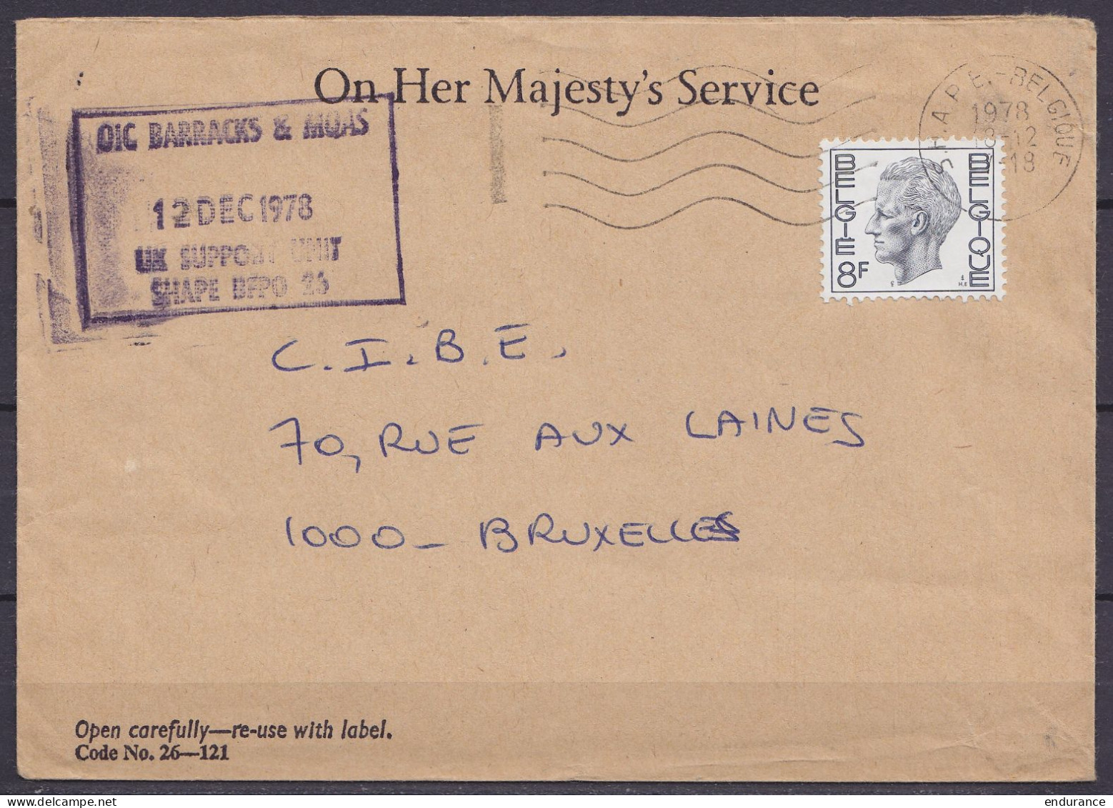 L. "On Her Majesty's Service" Affr. N°1647 Flam. "S.H.A.P.E. - BELGIQUE /1978-18-12" Pour BRUXELLES - Cachet [DIC BARRAC - 1970-1980 Elström
