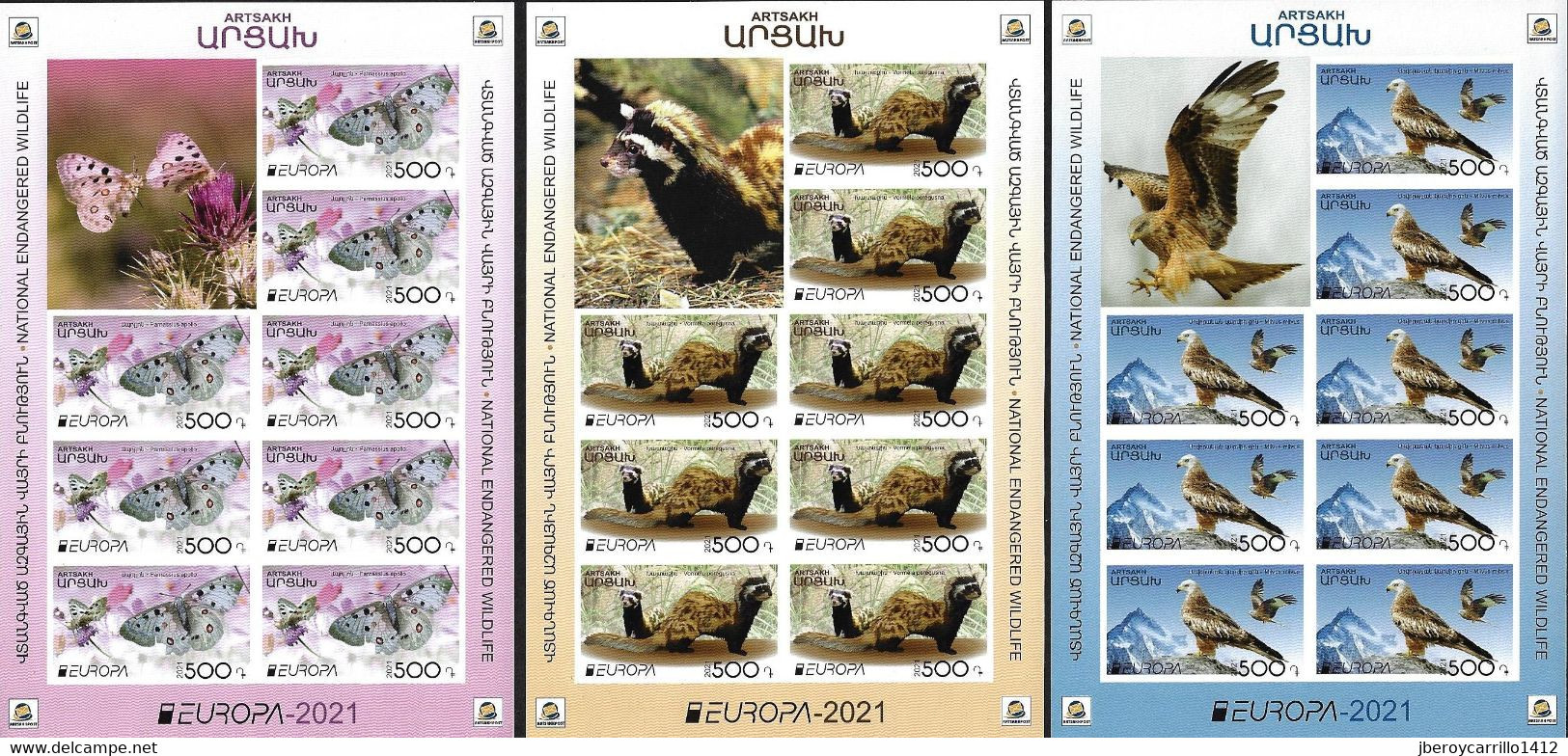 NAGORNO KARABAKH /ARTSAKH REP. /ARMENIA KARABAKH  -EUROPA 2021 -"ENDANGERED NATIONAL WILDLIFE"-THREE SHEETS Of 8- IMPERF - 2021