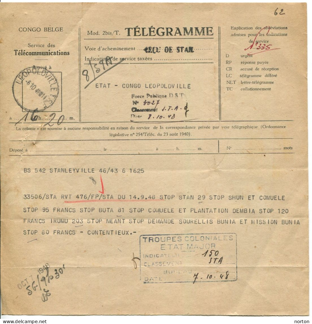 Congo Léopoldville Oblit. Keach TSF3A-Dmyt Sur Télégramme Le 06/10/1948 - Lettres & Documents