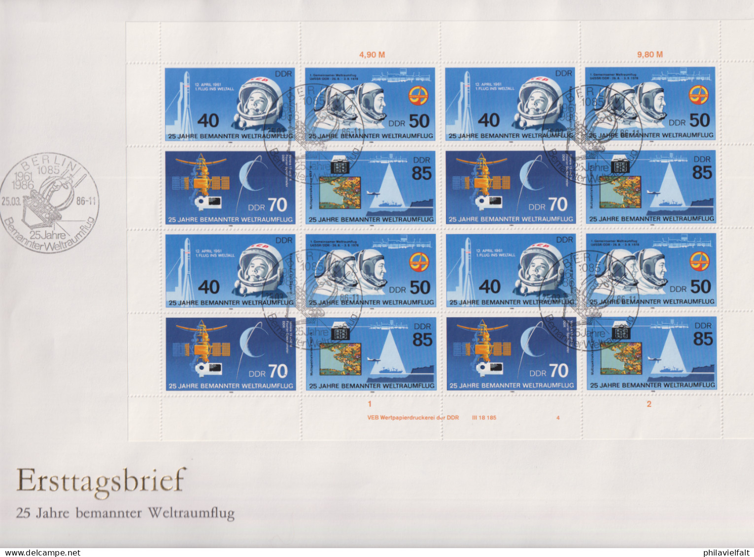 DDR Weltraumflug 1986 Kpl. Zusammendruckbogen MiNo. 3005/08 FDC, MiSp ?? - 1981-1990