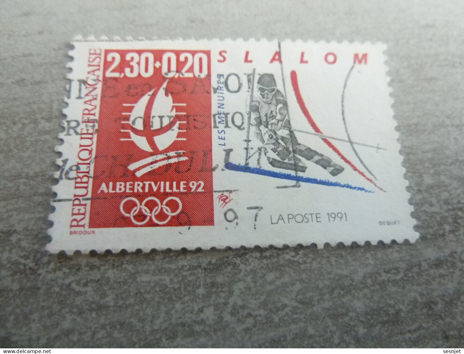 Les Ménuires - J.O D'Hiver 92 - Slalom - 2f.30+20c. - Yt 2676 - Rouge, Gris Et Bleu - Oblitéré - Année 1991 - - Hiver 1992: Albertville