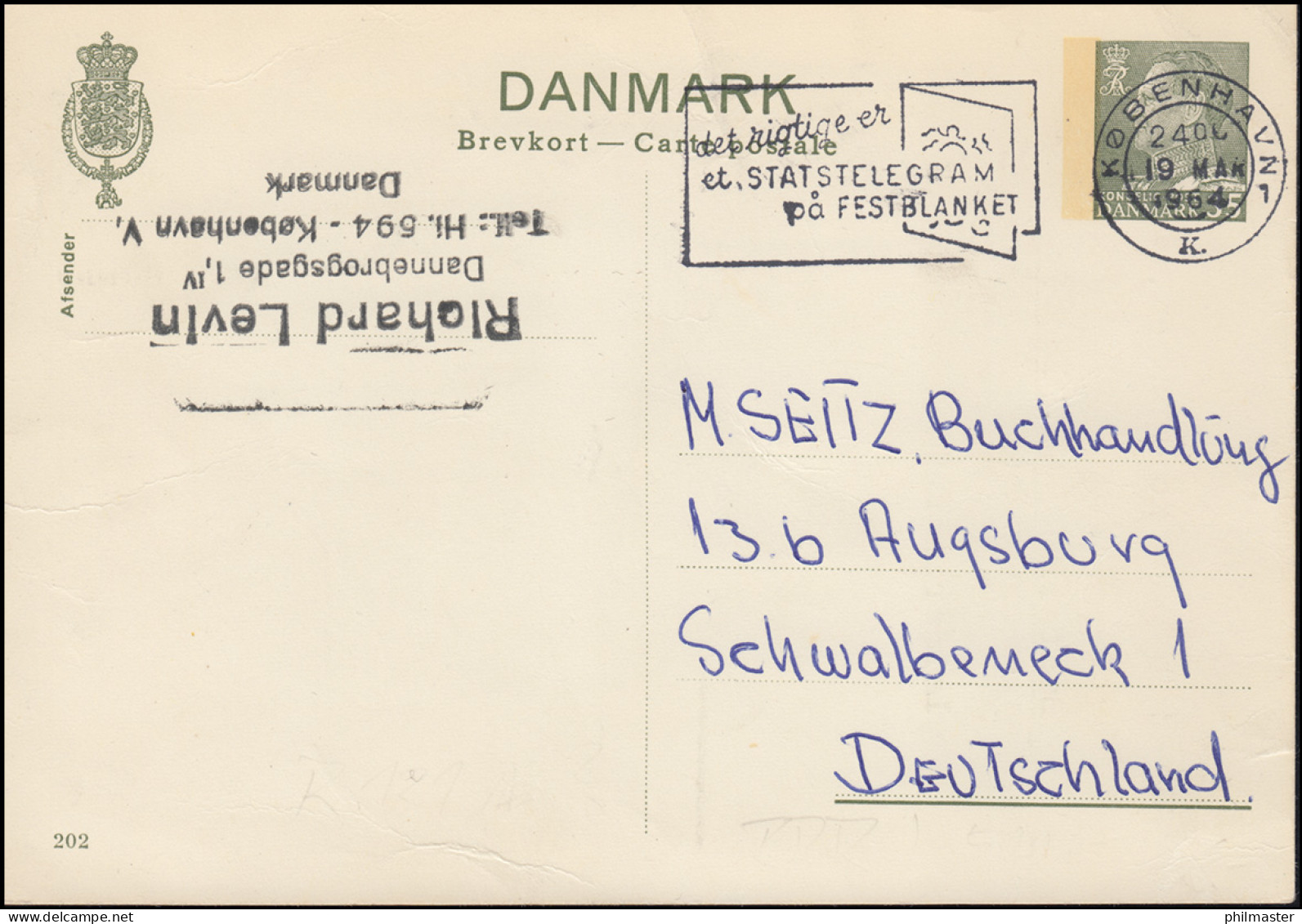 Dänemark Postkarte P 250 Frederik IX. 25 Öre, Kz. 202, KJOBENHAVN 19.3.1964 - Entiers Postaux