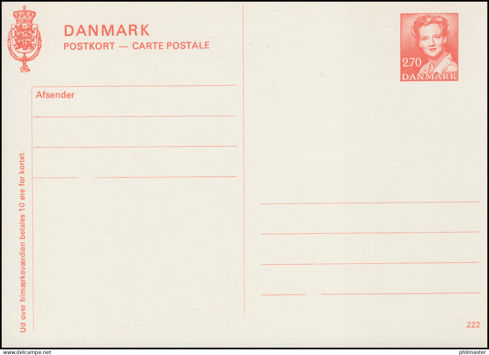 Dänemark Postkarte P 279 Königin Margrethe 2,70 Kronen, Kz. 222, ** - Postal Stationery