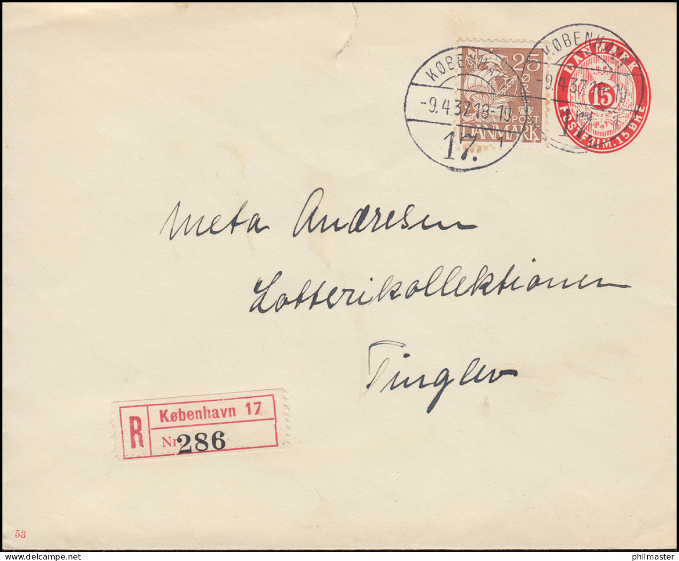 Dänemark Umschlag U 41x Ziffer 15 Öre Kz. 53, R-Brief Aus KOBENHAVN 9.4.1937 - Entiers Postaux